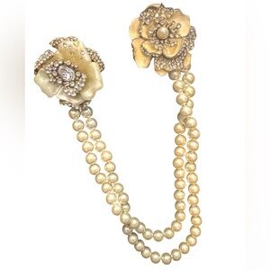 Heidi Dause Gold Floral Pave Crystal Rhinestone Glass Pearl Chatelaine Necklace